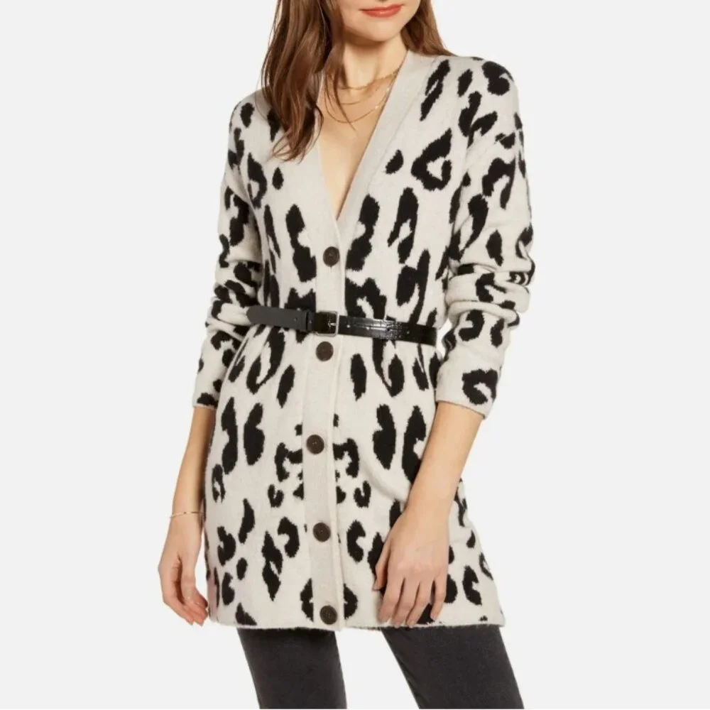 Leopard Print Long Line V-Neck Button Front Cardigan by Something Navy - M